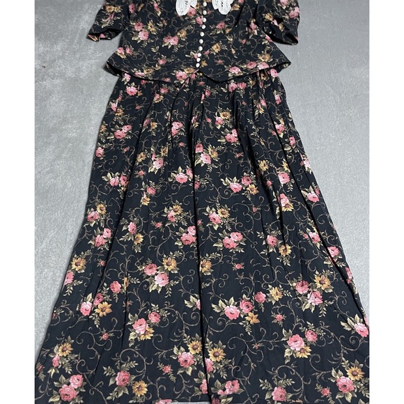 Vintage‎ Miss Dorby Dress Womens 14 Black Floral Button Maxi Modest Lace Collar - Picture 2 of 11